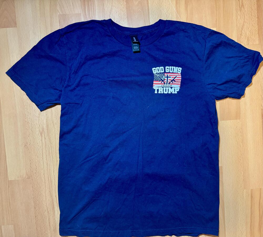 God Guns Trump Shirt Mens Medium Blue Gildan Softstyle USA Flag Graphic Tee